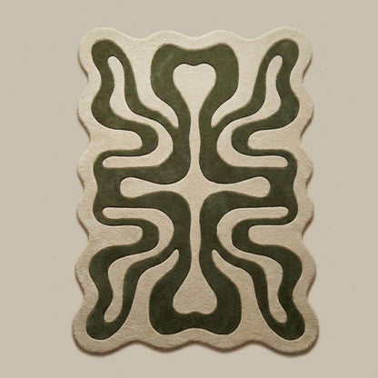 Irregular organic shaped rug featuring flowing abstract curves in sage green and warm neutral tones