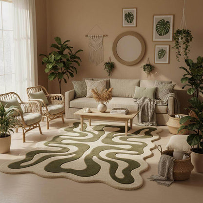 Modern abstract area rug placed on light wood flooring in a calm contemporary interior setting