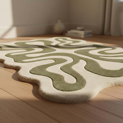 Organic Abstract Green Hand Tufted Rug, Modern Wavy Shape Area Rug, Contemporary Sculpted Living Room Carpet