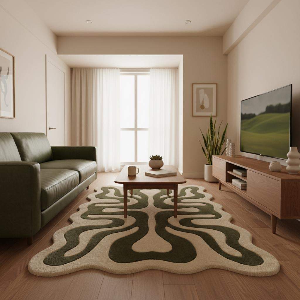 Sage green and ivory abstract rug highlighting soft color contrast and sculpted wool detailing
