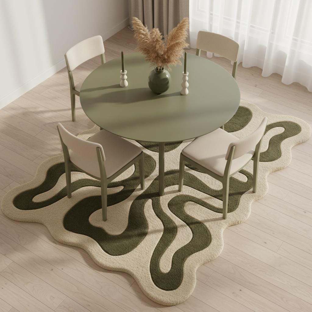Organic Abstract Green Hand Tufted Rug, Modern Wavy Shape Area Rug, Contemporary Sculpted Living Room Carpet