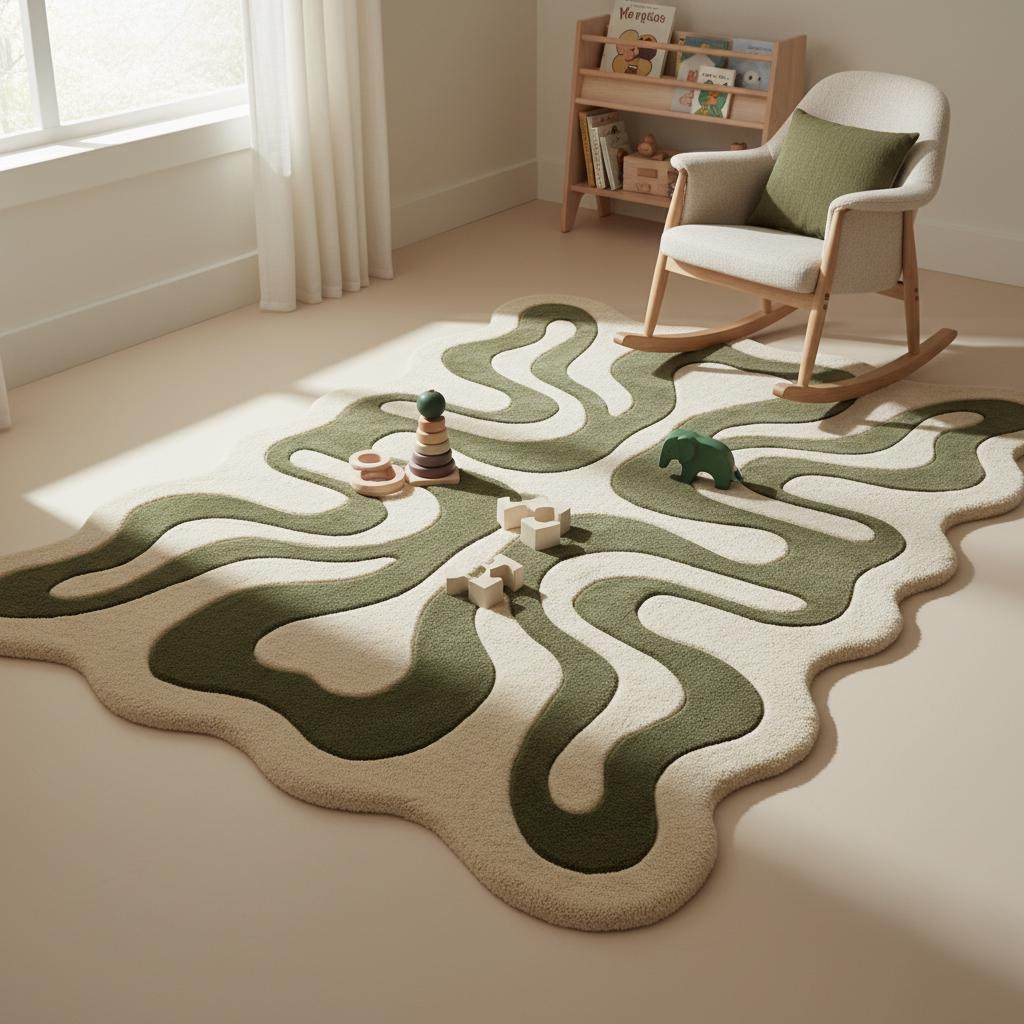 Hand tufted wool rug showcasing artisan craftsmanship and carved abstract design