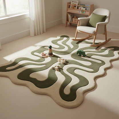 Hand tufted wool rug showcasing artisan craftsmanship and carved abstract design