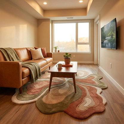 Handmade tufted wool area rug with unique irregular edges designed as statement piece for modern homes __etsy:7978196874