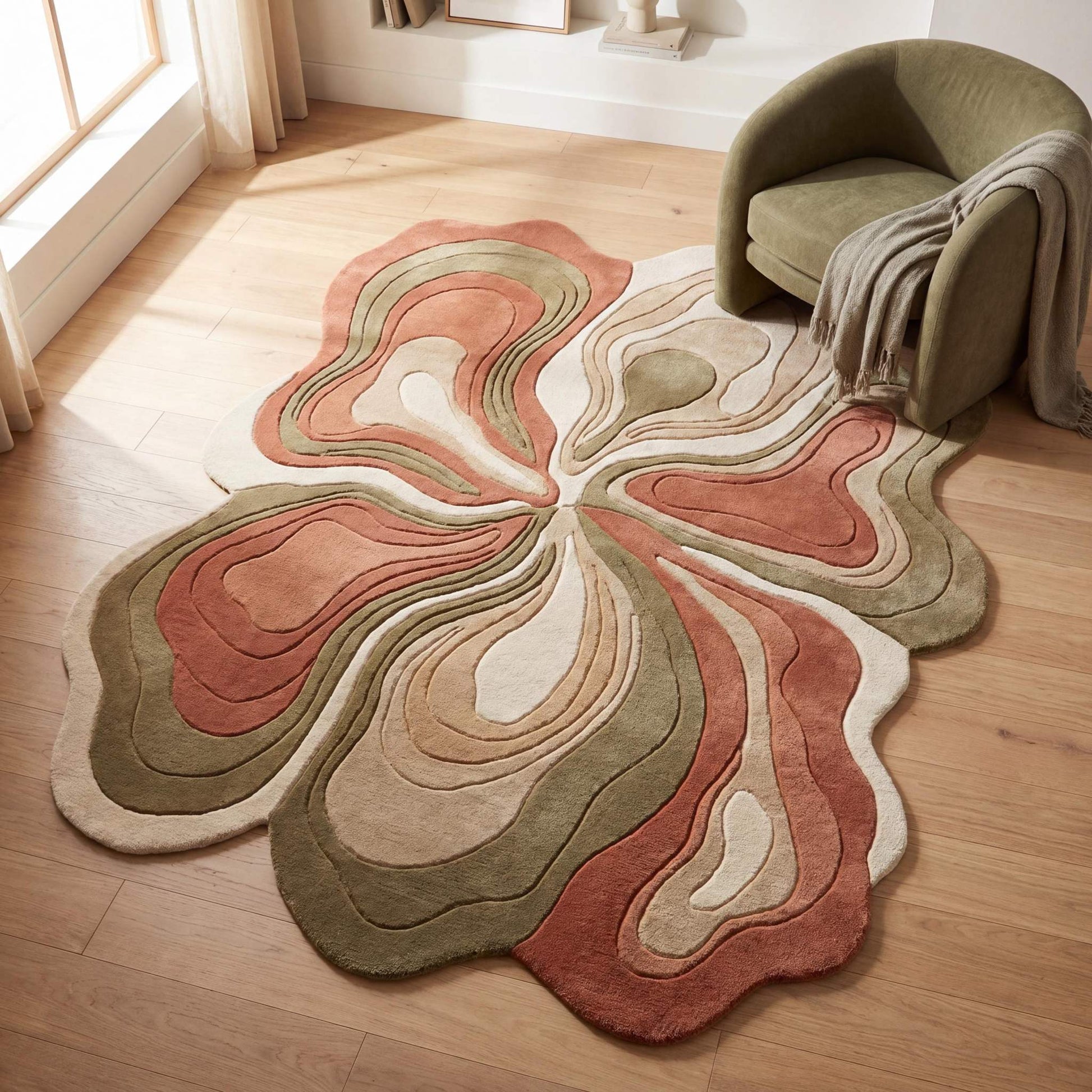 Hand tufted abstract wool rug carpet with organic shape in terracotta, olive green and cream tones placed in modern living room __etsy:7978196482