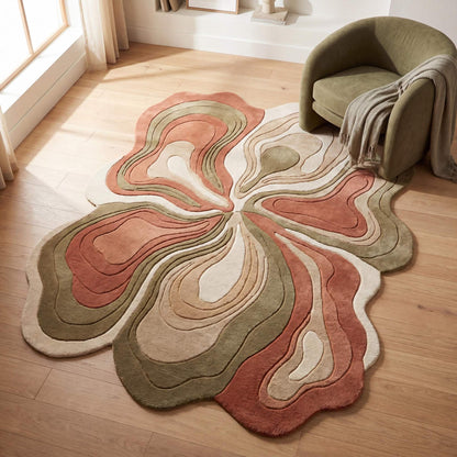 Hand tufted abstract wool rug carpet with organic shape in terracotta, olive green and cream tones placed in modern living room __etsy:7978196482