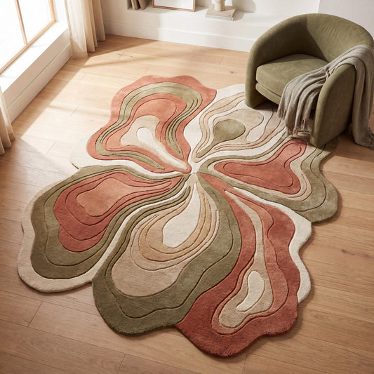 Hand tufted abstract wool rug carpet with organic shape in terracotta, olive green and cream tones placed in modern living room __etsy:7978196482