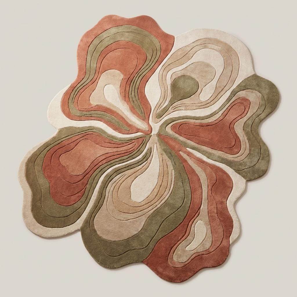 Modern abstract area rug with flowing organic design and earthy tones styled beside accent chair in minimalist interior __etsy:7978196872
