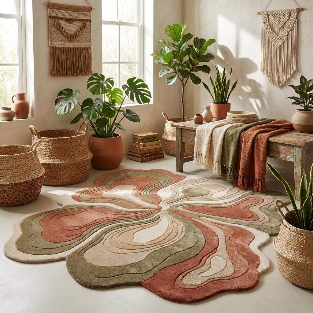 Artistic tufted wool rug with carved pattern adding depth and dimension to contemporary living room decor __etsy:7978196884