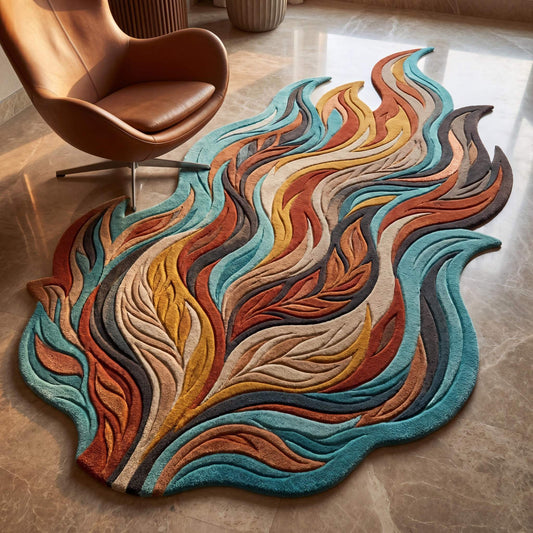 Hand tufted abstract wool rug with organic freeform shape in teal, rust, mustard, and beige tones for modern living room décor __etsy:8066347344