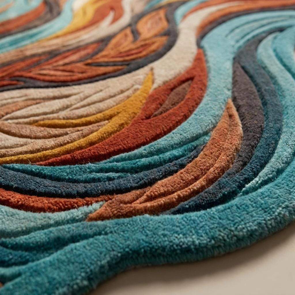 Close-up of hand tufted wool rug showing carved cut pile texture, dense fibers, layered detailing, and sculpted handmade construction __etsy:8066347984