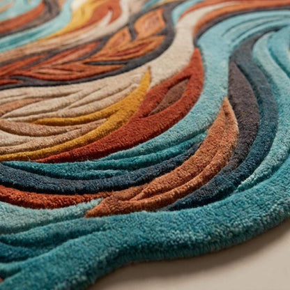 Close-up of hand tufted wool rug showing carved cut pile texture, dense fibers, layered detailing, and sculpted handmade construction __etsy:8066347984