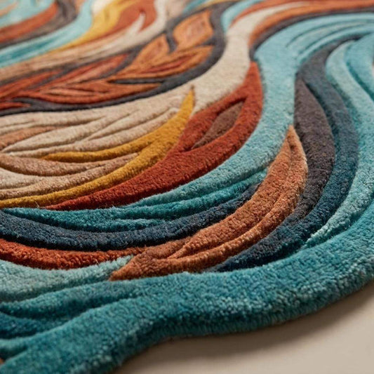 Close-up of hand tufted wool rug showing carved cut pile texture, dense fibers, layered detailing, and sculpted handmade construction __etsy:8066347984