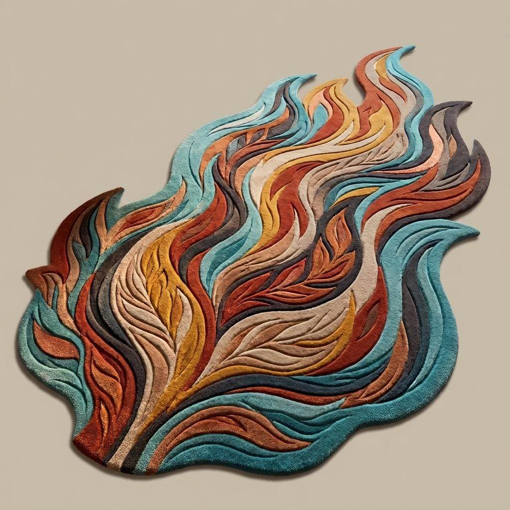 Modern artistic carpet with flowing abstract wave design placed beside a contemporary accent chair in luxury interior setting __etsy:8114267207