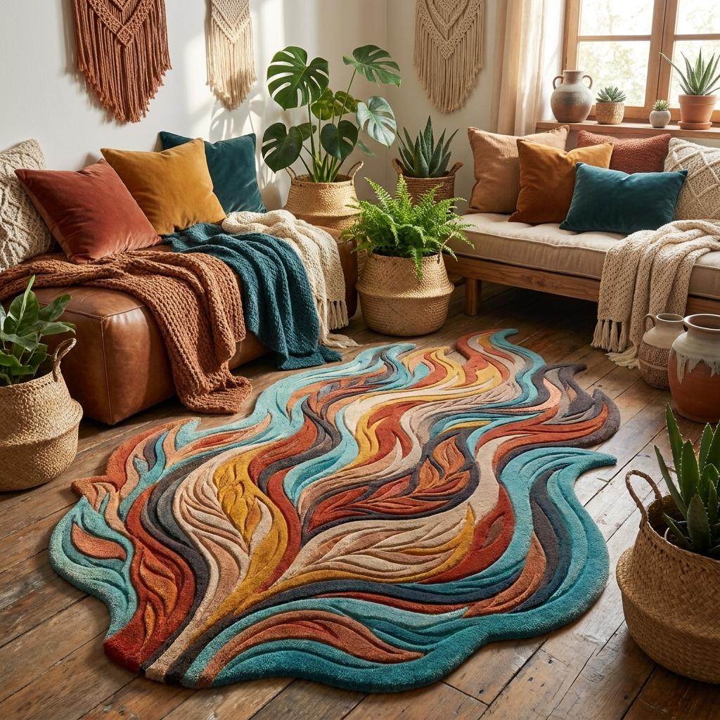 Colorful contemporary hand tufted area rug with organic curves and high-low carved texture for bedroom or studio décor __etsy:8114267243