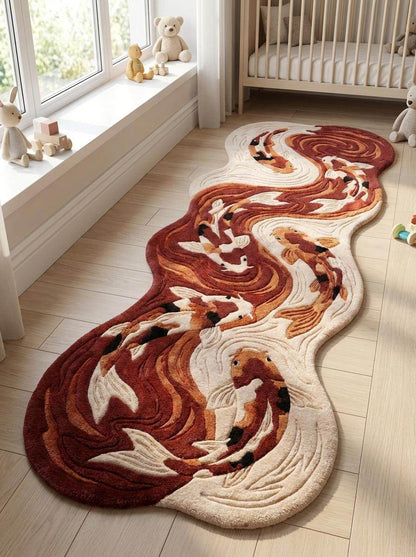 Organic Shape Koi Fish Runner Rug, Hand Tufted Wool Carpet for Bedroom & Artistic Home Decor __etsy:8071389450
