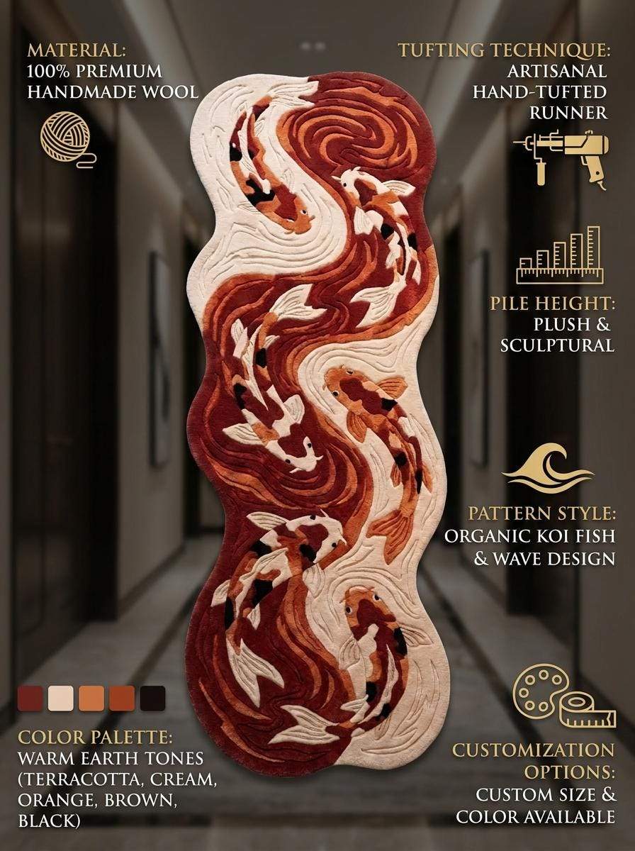Organic Shape Koi Fish Runner Rug, Hand Tufted Wool Carpet for Bedroom & Artistic Home Decor __etsy:8119310575