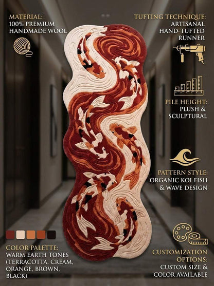 Organic Shape Koi Fish Runner Rug, Hand Tufted Wool Carpet for Bedroom & Artistic Home Decor __etsy:8119310575
