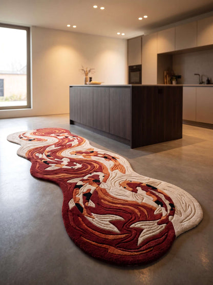 Hand tufted koi fish rug with organic freeform shape in rust red and cream tones for modern Japandi interiors __etsy:8071389118