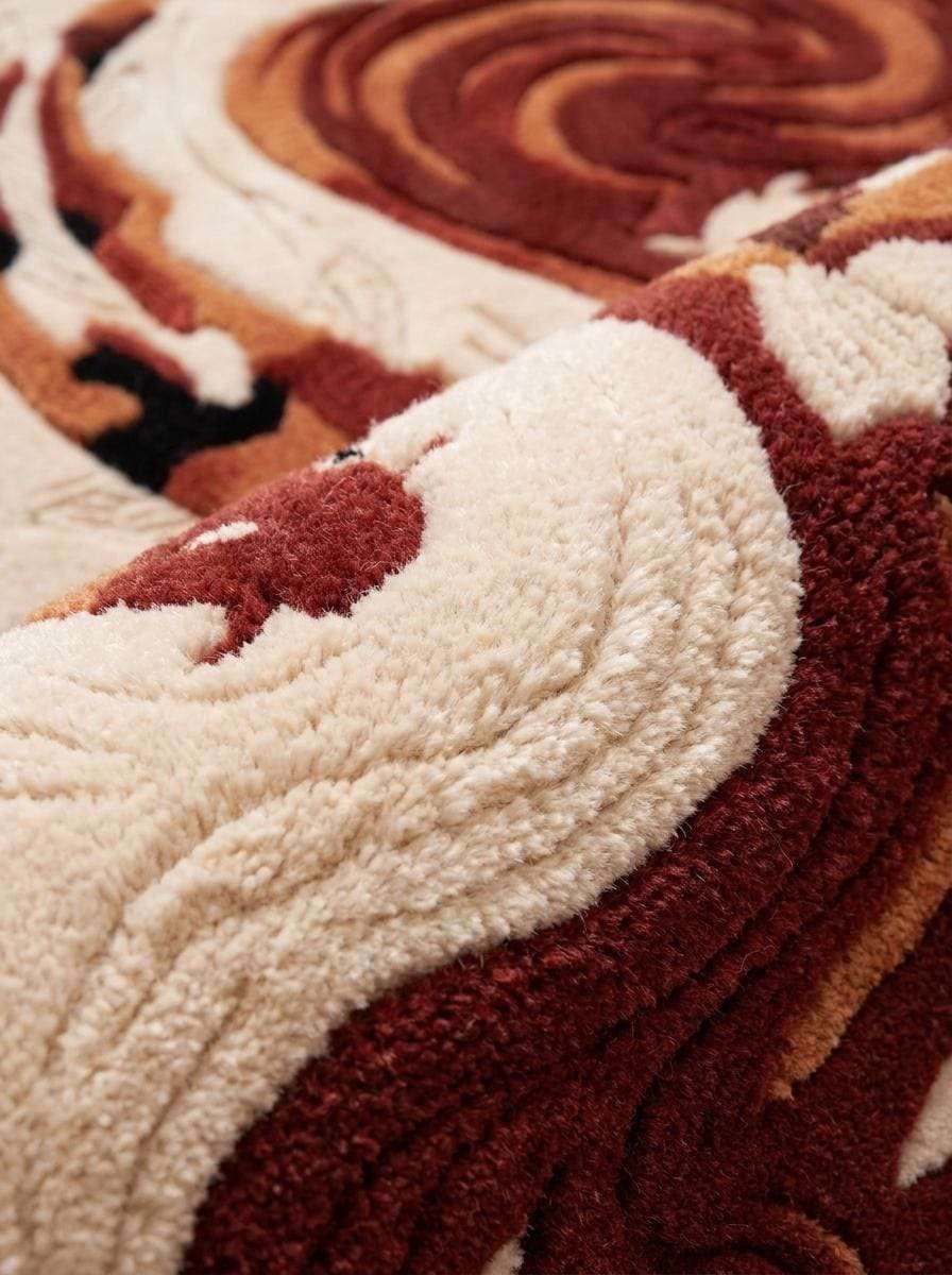 Close-up texture of hand tufted wool rug showing carved cut pile details, sculpted fibers, and premium handmade construction __etsy:8071389446