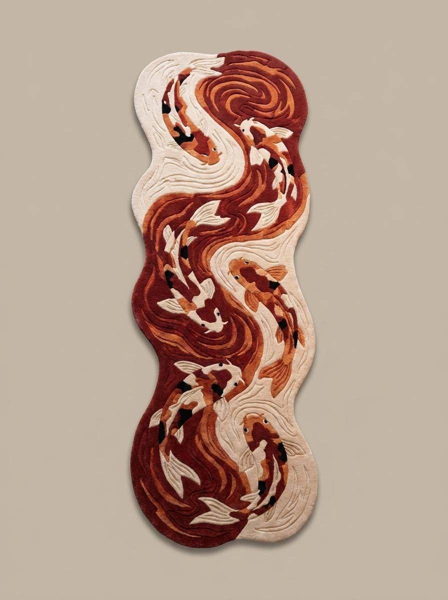 Japanese inspired koi fish carpet with flowing abstract water pattern for artistic living room decor __etsy:8071389352