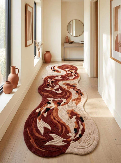 Modern wool area rug featuring koi fish artwork in terracotta, ivory, and burnt orange color palette __etsy:8119310521