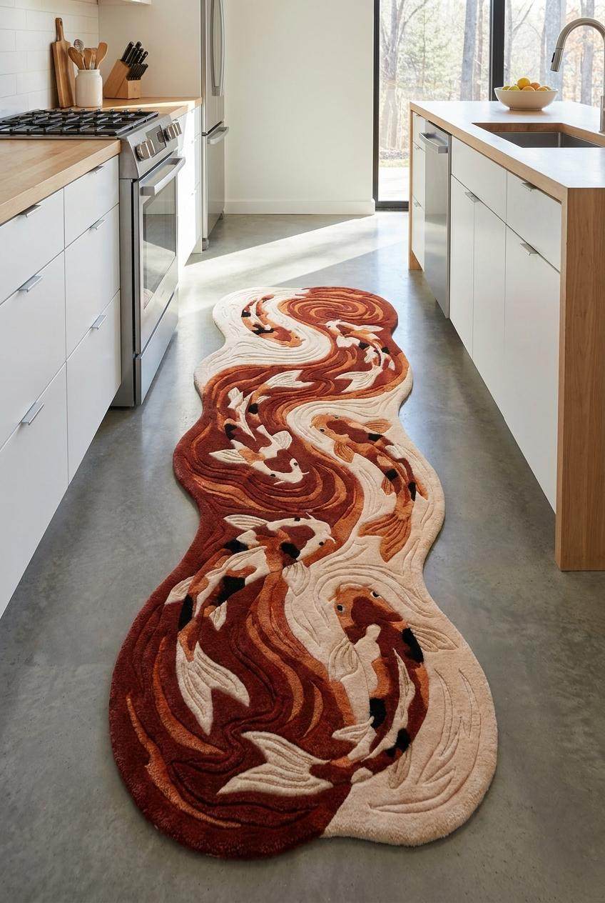 Organic Shape Koi Fish Runner Rug, Hand Tufted Wool Carpet for Bedroom & Artistic Home Decor __etsy:8071389394