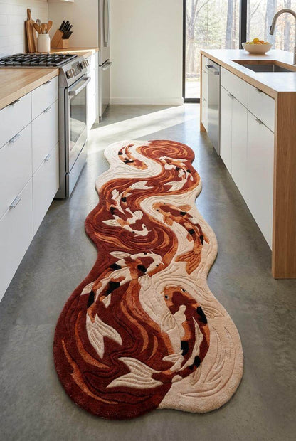Organic Shape Koi Fish Runner Rug, Hand Tufted Wool Carpet for Bedroom & Artistic Home Decor __etsy:8071389394