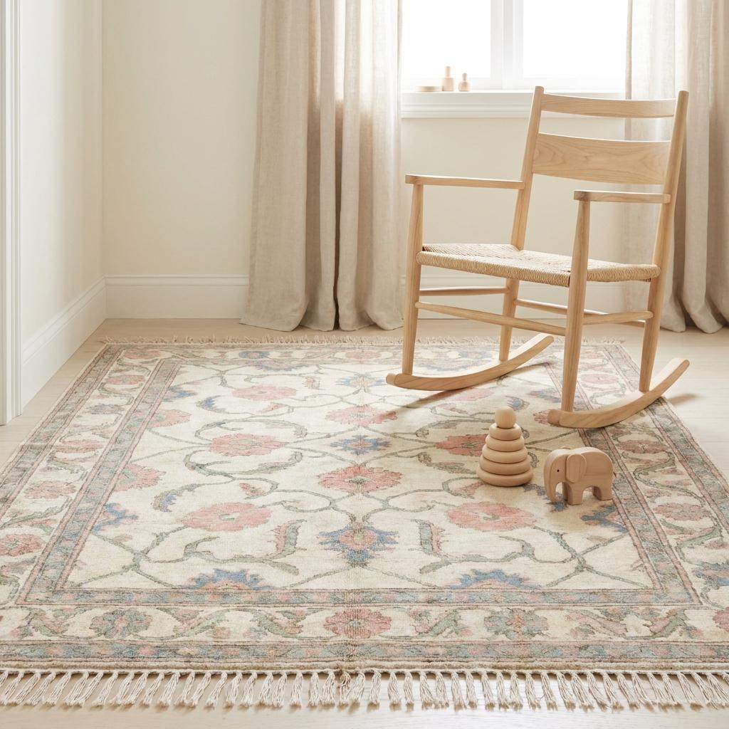 Handmade wool floral rug with Turkish inspired pattern and decorative border fringe __etsy:7849317035
