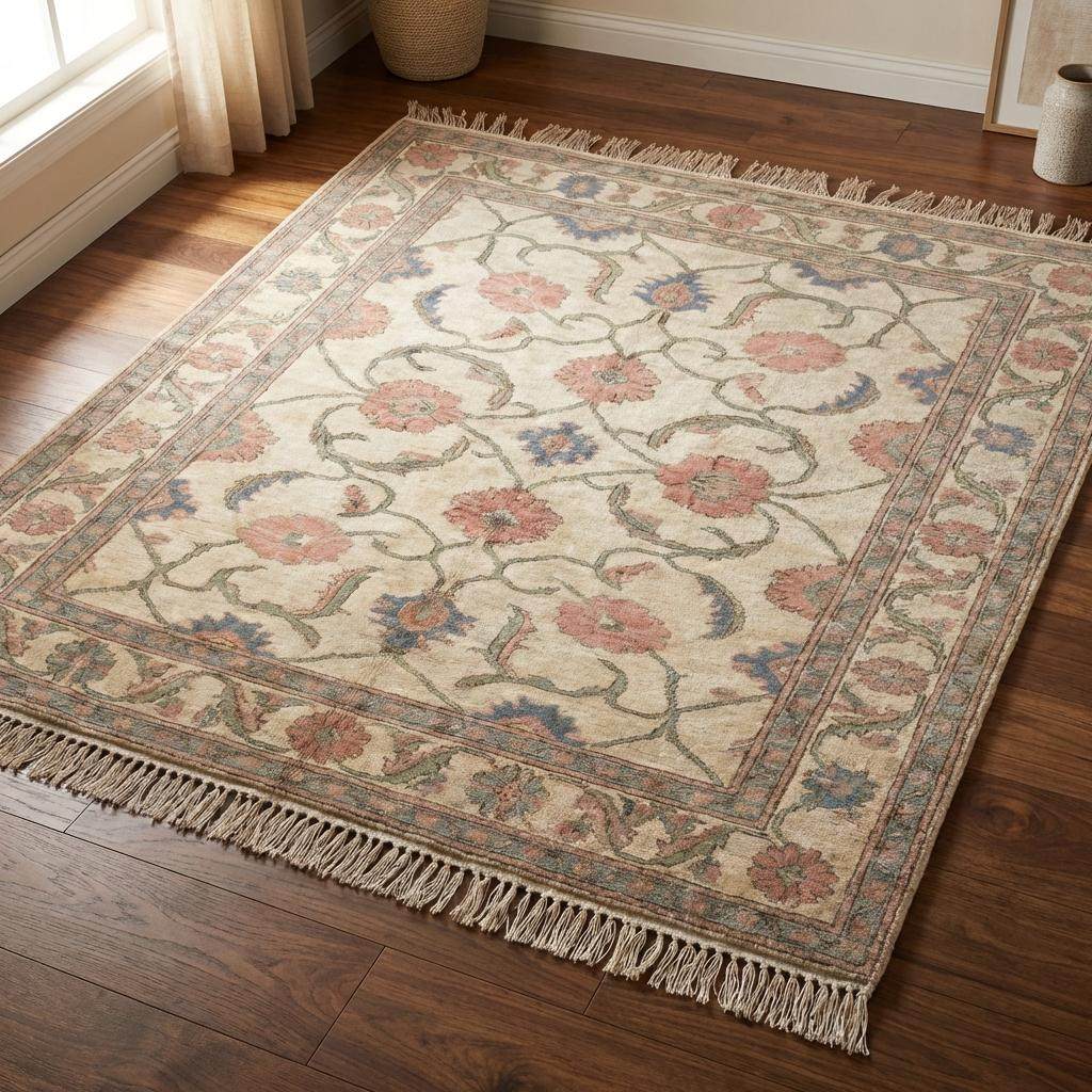 Oushak Floral Area Rug 8x10, 9x12, 12x14 Hand Knotted Wool Carpet, Ivory Pink Vintage Style Living Room Rug __etsy:7849317079
