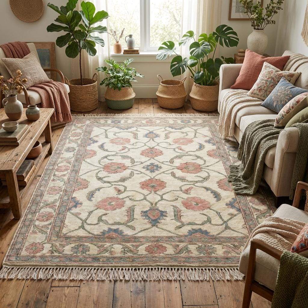 Soft neutral handmade wool rug with blush pink floral motifs perfect for living room or bedroom décor __etsy:7801373834