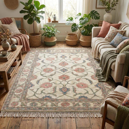 Soft neutral handmade wool rug with blush pink floral motifs perfect for living room or bedroom décor __etsy:7801373834