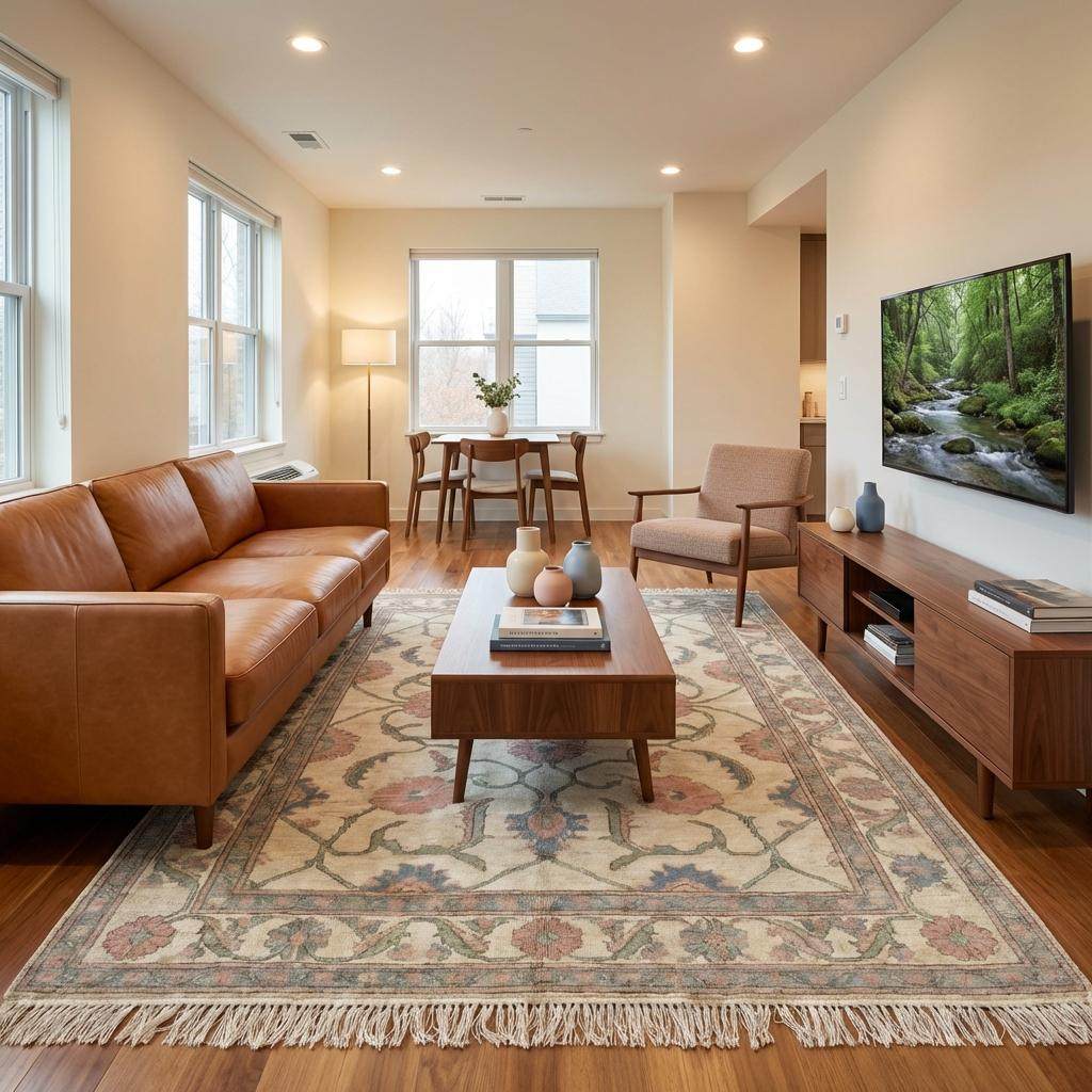Vintage inspired Oushak area rug with muted colors styled on hardwood floor in natural light __etsy:7801373848