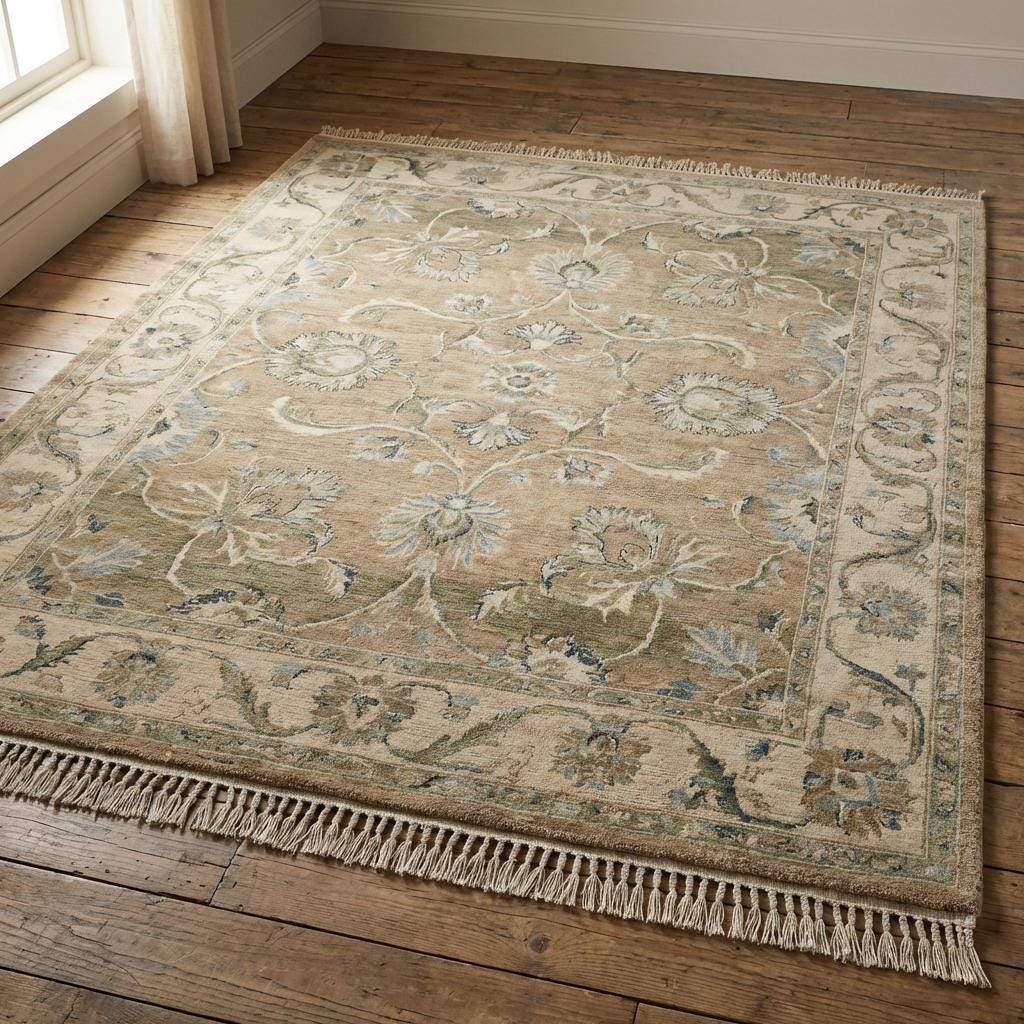 Hand-knotted Oushak floral wool area rug with beige base and muted sage-blue floral design