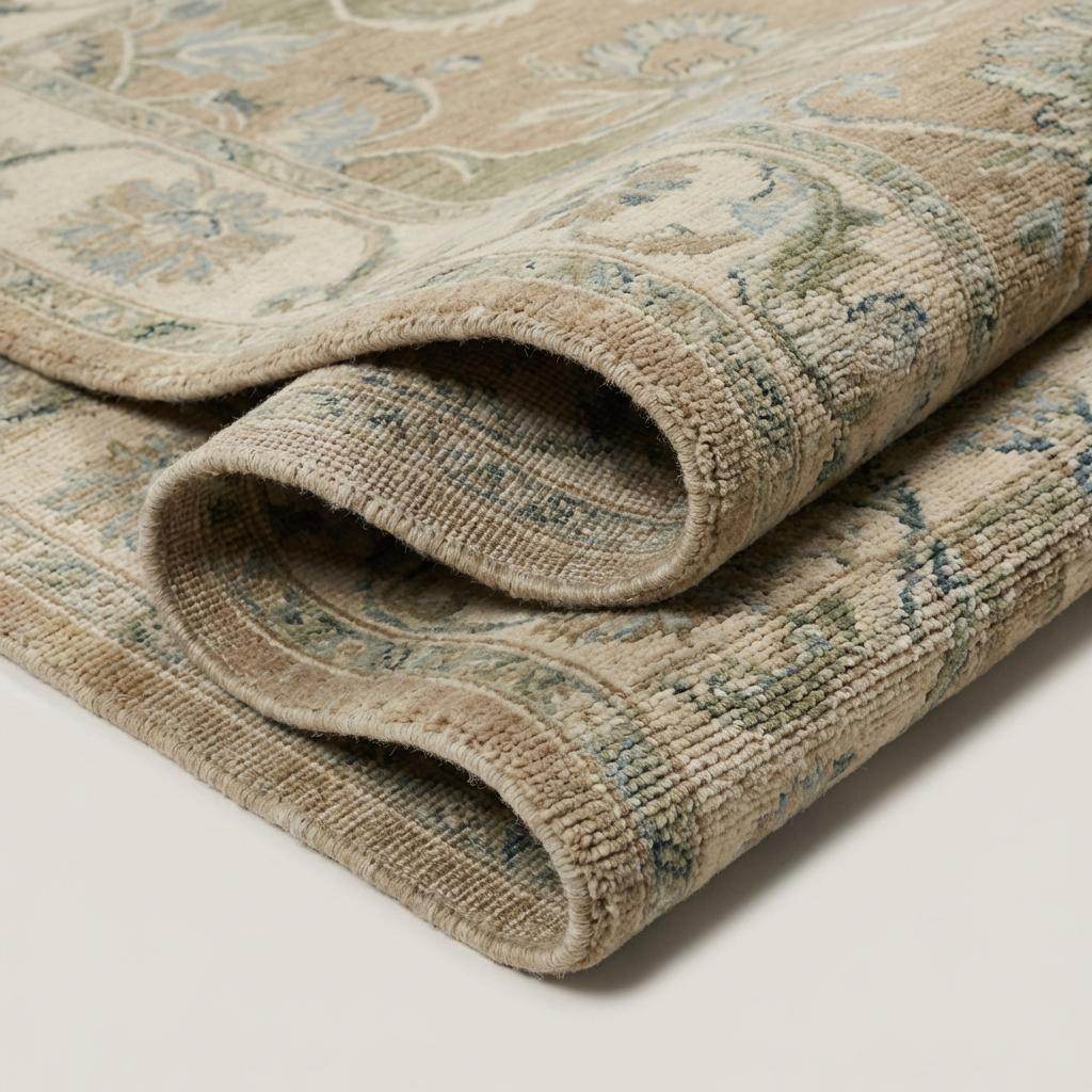 Hand-knotted Oushak floral wool area rug with vintage-inspired design and soft beige and sage-blue tones