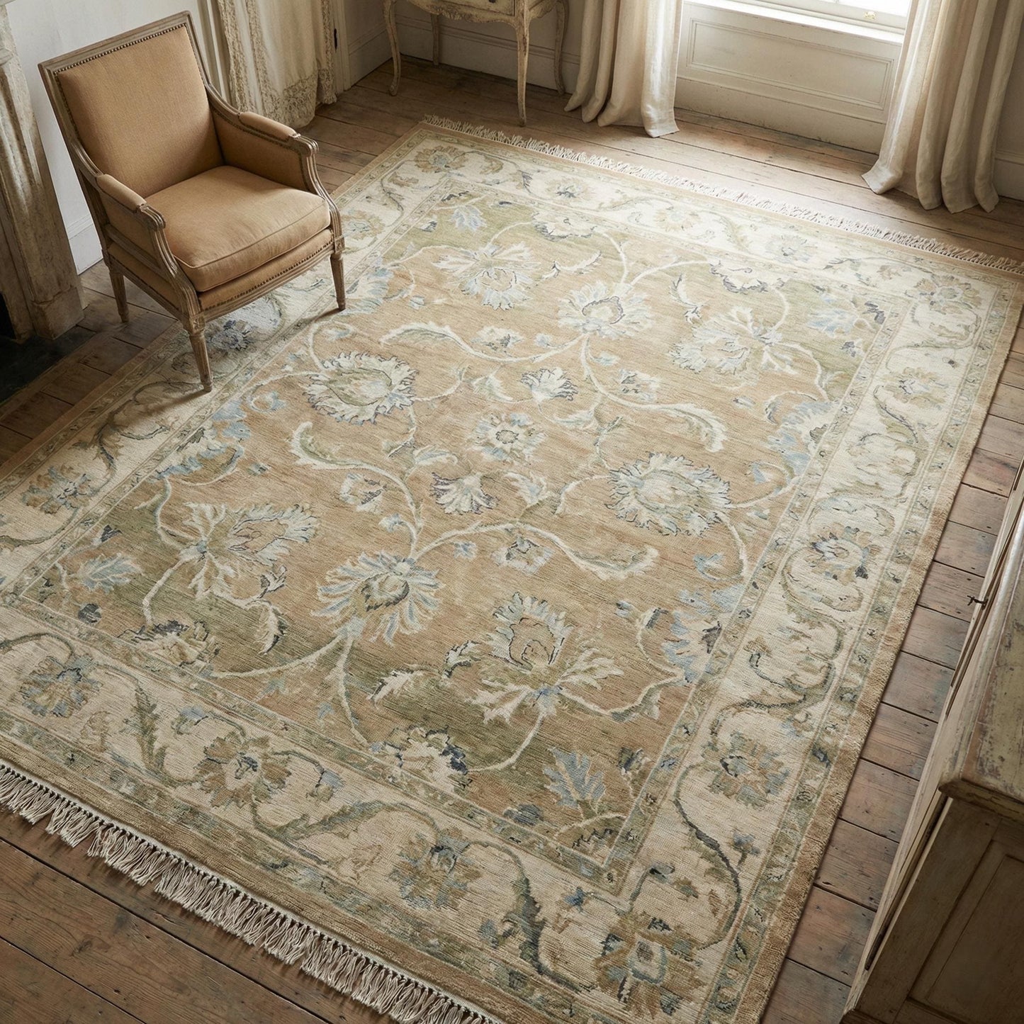 Hand-knotted Oushak floral wool area rug with vintage-inspired beige and sage-blue design