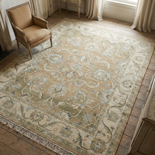 Hand-knotted Oushak floral wool area rug with vintage-inspired beige and sage-blue design