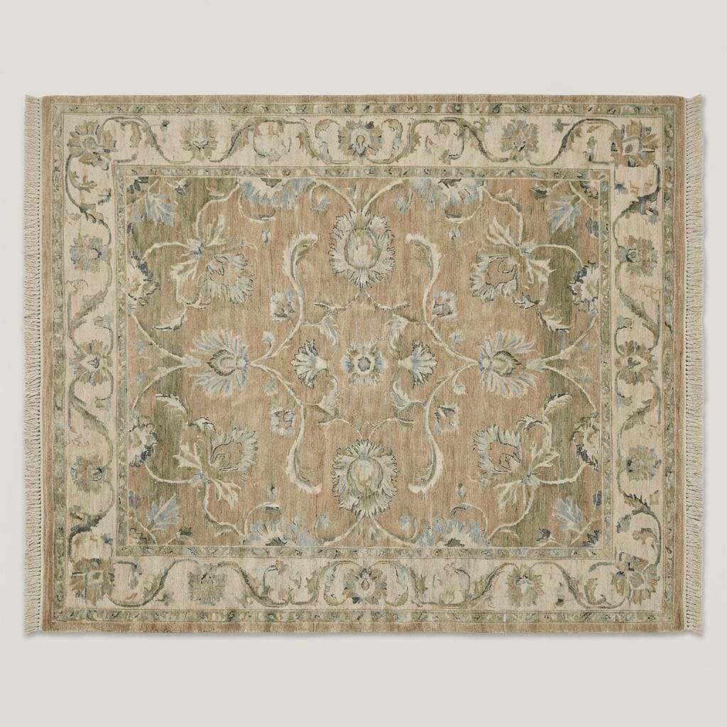 Hand-knotted Oushak floral wool area rug with beige and sage-blue tones, crafted from durable soft wool for vintage-inspired warmth and elegance