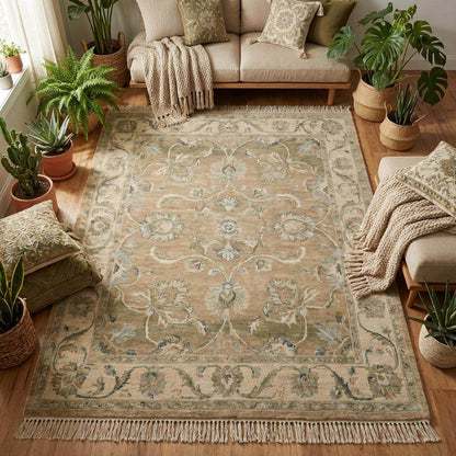 Hand-knotted Oushak floral wool area rug with vintage-inspired muted beige and sage-blue design