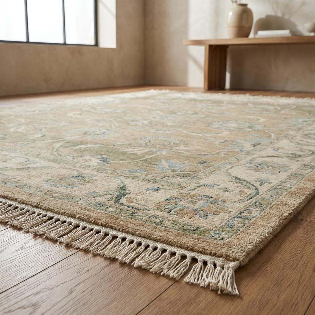 Hand-knotted Oushak floral wool area rug with vintage-inspired beige and sage-blue design