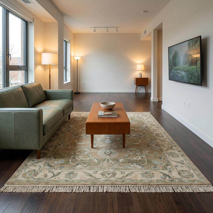 Hand-knotted Oushak floral wool area rug with vintage-inspired beige and sage-blue tones