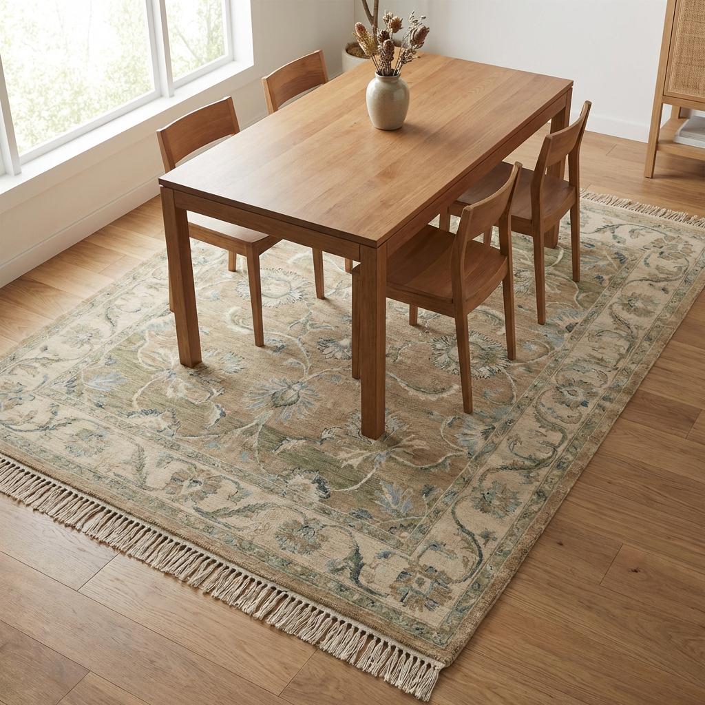 Hand-knotted Oushak floral wool area rug with vintage-inspired beige and sage-blue design