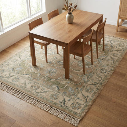Hand-knotted Oushak floral wool area rug with vintage-inspired beige and sage-blue design