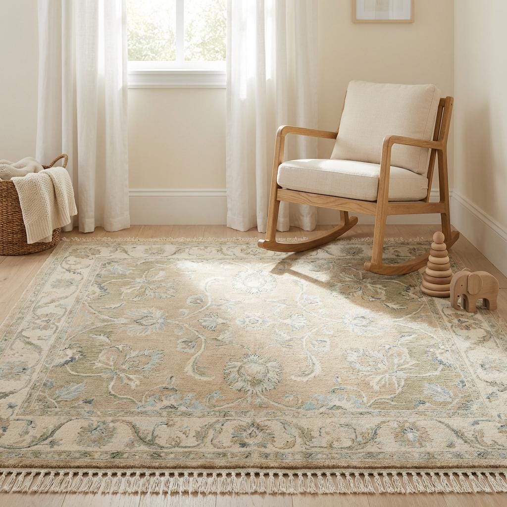 Hand-knotted Oushak floral wool area rug with vintage beige and sage-blue tones
