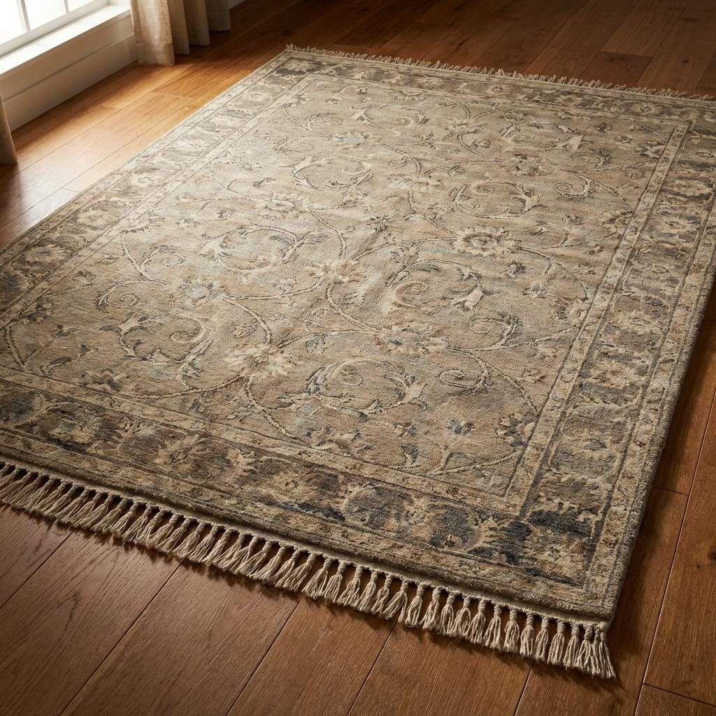 Oushak Floral Hand Knotted Wool Rug Neutral Vintage Area
