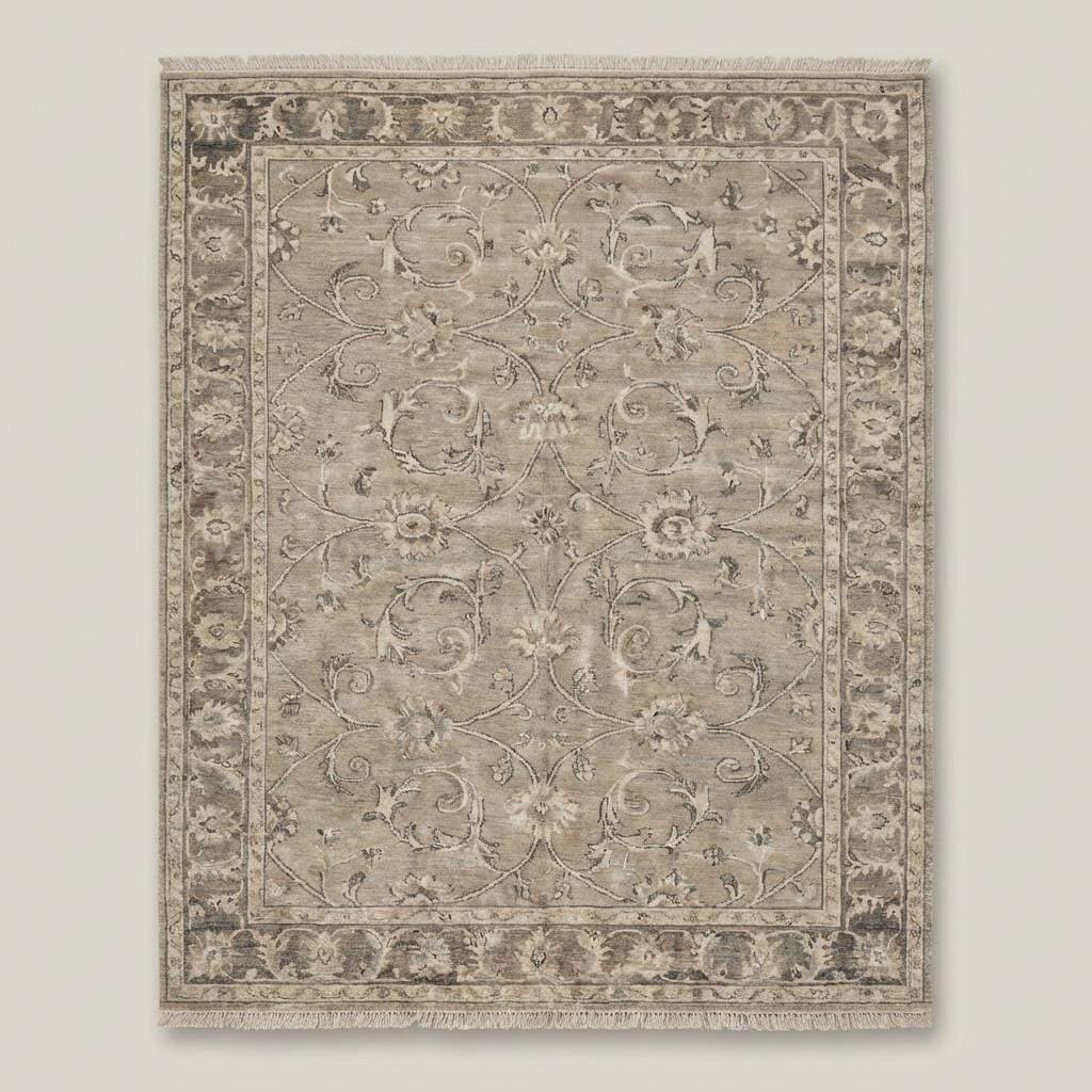Vintage style Oushak rug with floral vine pattern and classic border design