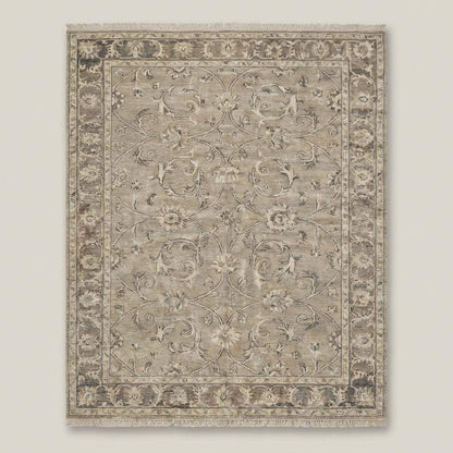 Vintage style Oushak rug with floral vine pattern and classic border design