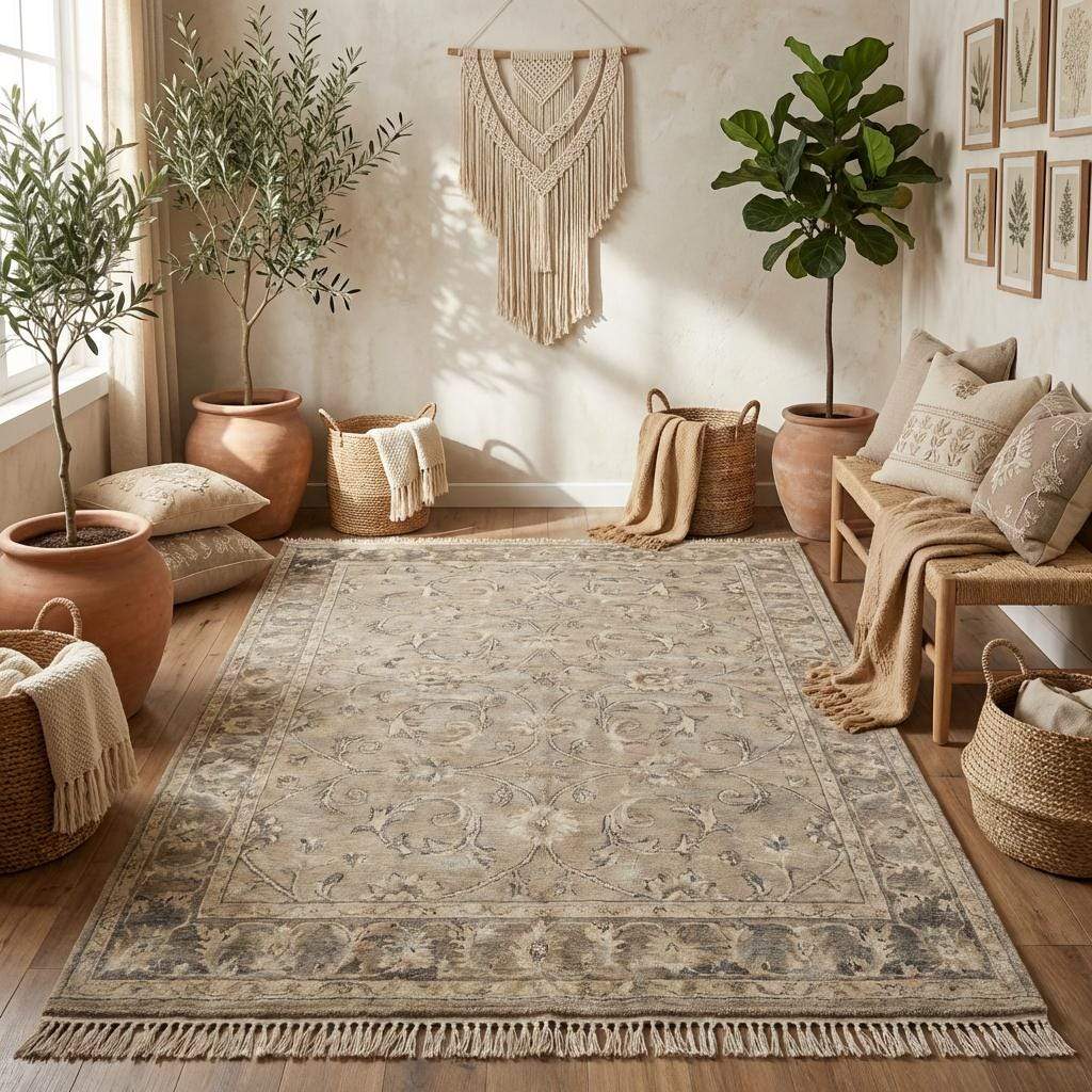 Neutral beige and ivory hand knotted area rug for modern and classic home décor