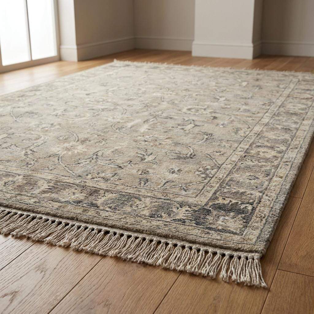 Artisan made wool rug with faded floral pattern and traditional Persian inspired layout
