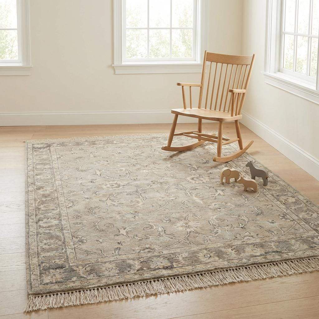 Large hand knotted living room rug in soft taupe and grey color palette